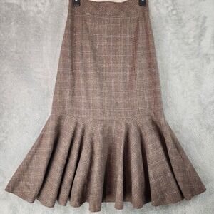 Answering Bird Skirt Womens Small Brown Plaid Wool Blend Mermaid Flounce Hem